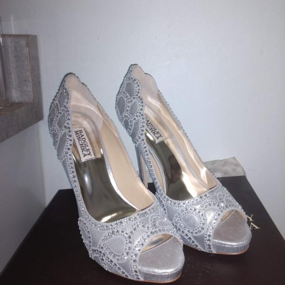 Badgley Mischka Karma Ii Embellished Shimmer-suede Pump Platforms - Picture 7 of 13